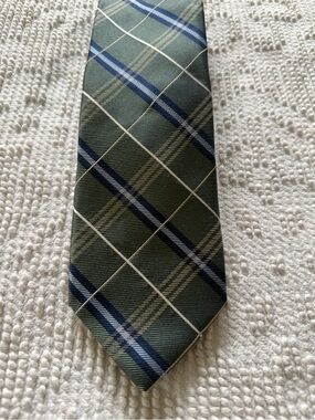 Nautica Green Plaid Tie with Navy and Cream Stripes